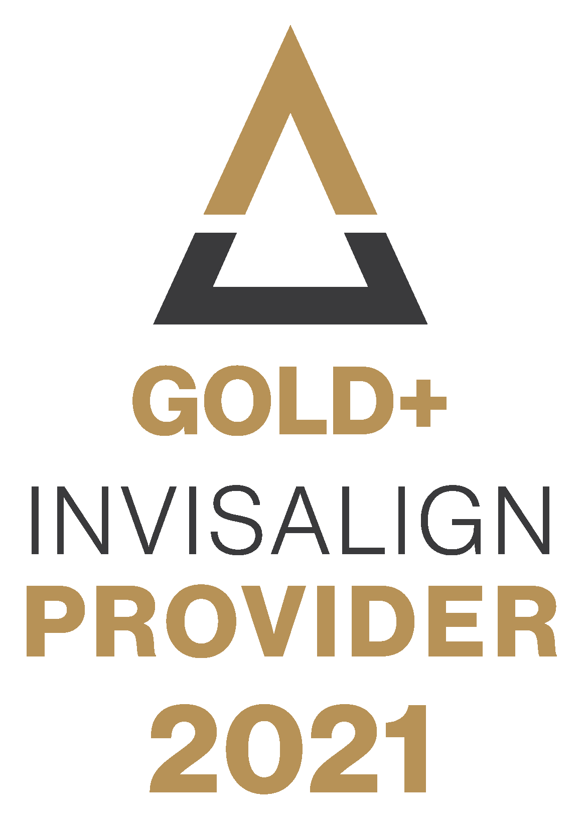 A gold invisalign provider badge with an arrow.